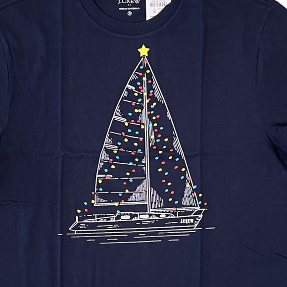 **NWT J. Crew Men's Navy W/Holiday/Christmas Lights Sailboat Graphic Tee - M - Picture 3 of 5
